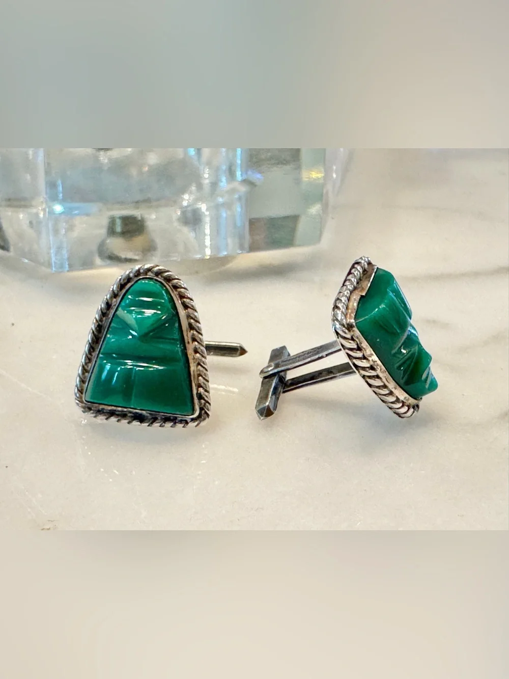 Vintage Green Jade-style Stone Set in Sterling Silver Cufflinks